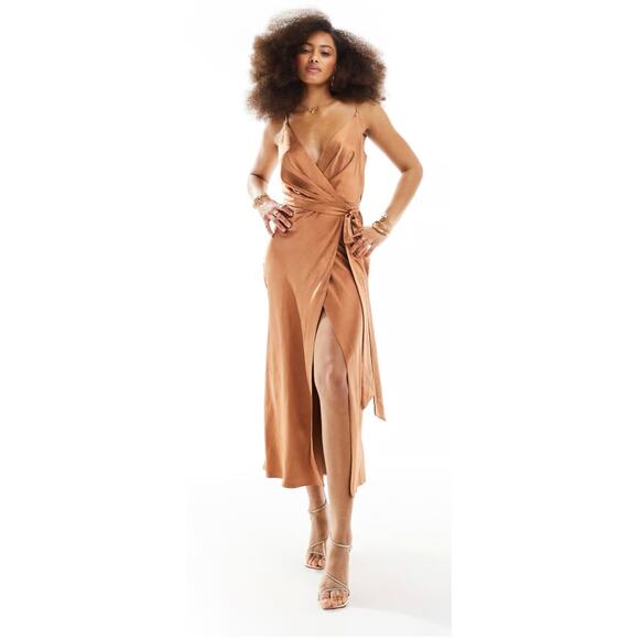 ASOS V Neck Satin Cami Wrap Midi Dress Chocolate Brown Womens Size 4 New - Picture 1 of 14